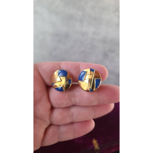 Blue and Gold Clip-on Earrings - Picture 3 of 10